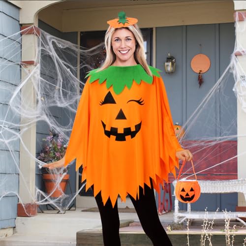 Halloween Pumpkin Poncho Set with Headband & Bag