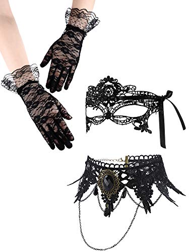 Boao Masquerade Costume Set for Women, Lace Masquerade Mask Gloves Black Gothic Choker Necklace Cosplay Accessories (Cool Style)