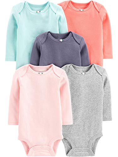 Simple Joys by Carter's Baby Girls' Long-Sleeve Bodysuit, Pack of 5, Pink/Navy/Mint Green, 0-3 Months