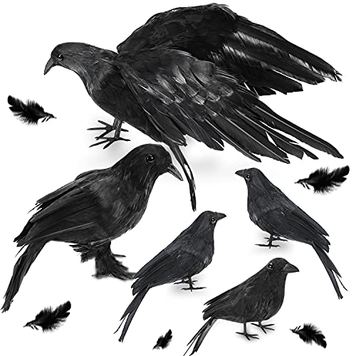 WEBSUN Halloween Crow Decorations 5 Pack, Realistic Handmade Black Feather Crows Prop Fly and Stand Crows Ravens for Outdoors and Indoors Halloween Decorations