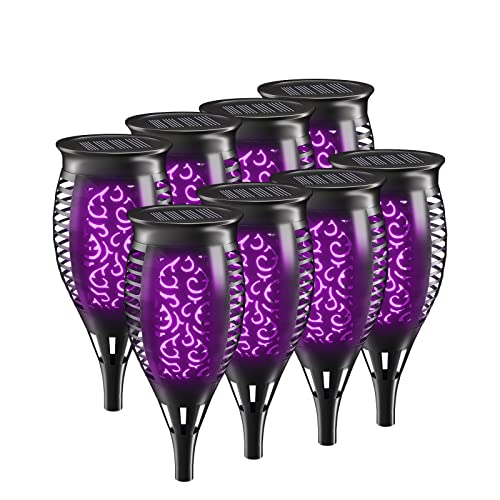 Solar Tiki Torch Lights with Flickering Flames for Garden, Torch Stake Light Outdoor Decorative, Waterproof Landscape Flame Lights with Auto On/Off for Garden Party Pathway (8 Pack Purple, 12 LEDs)