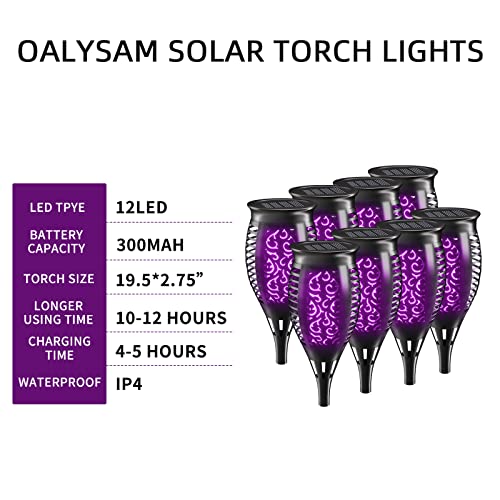 Solar Tiki Torch Lights with Flickering Flames for Garden, Torch Stake Light Outdoor Decorative, Waterproof Landscape Flame Lights with Auto On/Off for Garden Party Pathway (8 Pack Purple, 12 LEDs)