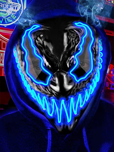 Quanquer Halloween Mask LED Light Up Mask for Adults Kids, Unique Neon Glow Masks with Dark and Evil Glowing Eyes, Conspicuous Menacingly Cool Halloween Costume for Men Women Cosplay-Blue