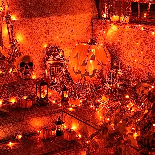 JMEXSUSS 200 LED Orange Solar Halloween Lights, 75.5ft Orange String Lights Outdoor Waterproof, 8 Modes Thanksgiving Lights Outdoor for Tree, Patio, Garden, Christmas, Halloween Decorations (2 Pack)