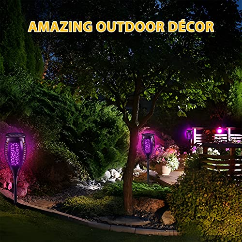 Solar Tiki Torch Lights with Flickering Flames for Garden, Torch Stake Light Outdoor Decorative, Waterproof Landscape Flame Lights with Auto On/Off for Garden Party Pathway (8 Pack Purple, 12 LEDs)
