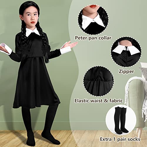 Wednesday Addams Costume Girls Dress for Kids Family Costumes Halloween Cosplay Party Dress Up with High Socks 3-12 Years