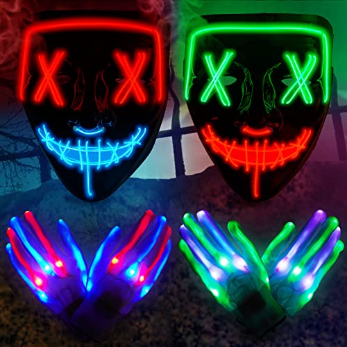 Lumiparty 2PACK Halloween Led Mask skeleton Gloves Set,Light Up Scary Mask Purge Mask with LED Glow Gloves for Halloween Costume.
