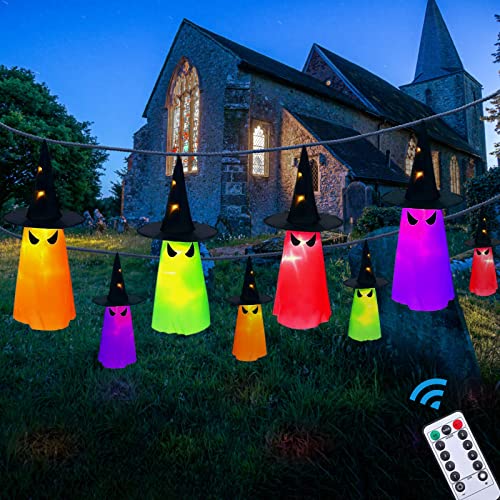 MAOYUE Halloween Decorations Outdoor 8Pcs Hanging Lighted Glowing Ghost Hat Decorations 36ft Halloween Lights String Battery Operated Halloween Decor with 8 Lighting Modes for Outdoor, Yard, Tree