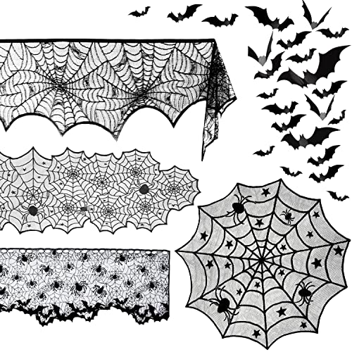 Beeager 5 Pack Halloween Spider Decorations Sets -Halloween Fireplace Mantel Scarf & Round Table Cover & Lace Table Runner & Cobweb Lampshade & 60 pcs Scary 3D Bat for Halloween Party Decors