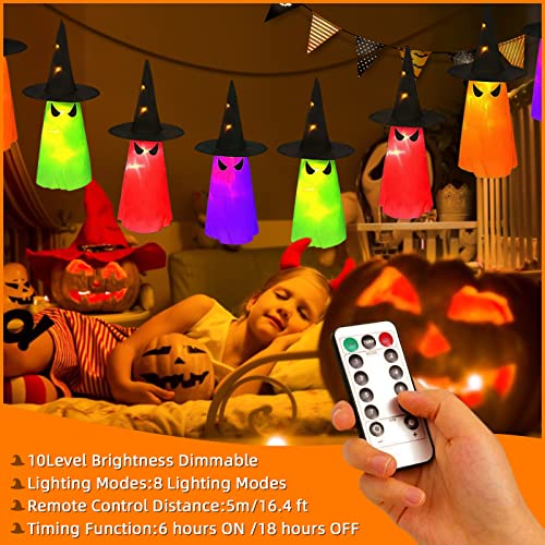 MAOYUE Halloween Decorations Outdoor 8Pcs Hanging Lighted Glowing Ghost Hat Decorations 36ft Halloween Lights String Battery Operated Halloween Decor with 8 Lighting Modes for Outdoor, Yard, Tree