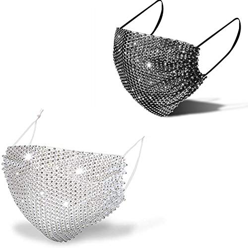 MsAnya Sparkly Rhinestone Mesh Face Mask Covering Halloween Glitter Face Masks Fashion Costume Crystal Party Nightclub for Women(insBLGR)