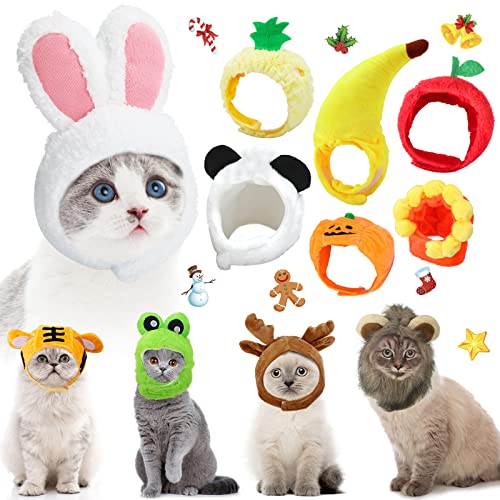 11 Pcs Pet Hats Cat Dog Costume Hat Bunny Ears Banana Sunflower Fruit Pineapple Pumpkin Hats Cat Lion Mane Panda Costume Cat Party Accessories Headwear for Small Puppy Dog Cats Kitten