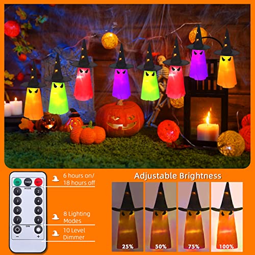 MAOYUE Halloween Decorations Outdoor 8Pcs Hanging Lighted Glowing Ghost Hat Decorations 36ft Halloween Lights String Battery Operated Halloween Decor with 8 Lighting Modes for Outdoor, Yard, Tree