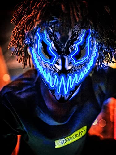 Quanquer Halloween Mask LED Light Up Mask for Adults Kids, Unique Neon Glow Masks with Dark and Evil Glowing Eyes, Conspicuous Menacingly Cool Halloween Costume for Men Women Cosplay-Blue
