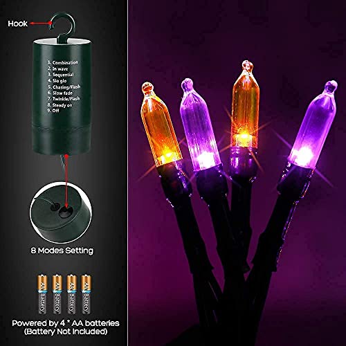 Lomotech Battery Operated Halloween Lights, 33ft 100 LED Orange Purple String Lights Waterproof Fairy Lights with 8 Modes & Timer for Halloween Decorations
