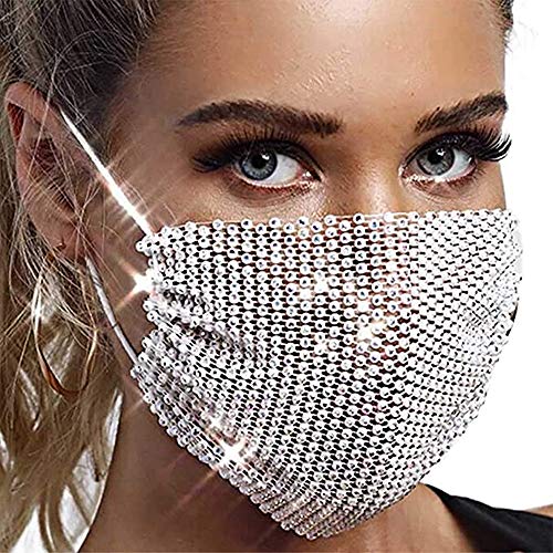 MsAnya Sparkly Rhinestone Mesh Face Mask Covering Halloween Glitter Face Masks Fashion Costume Crystal Party Nightclub for Women(insBLGR)