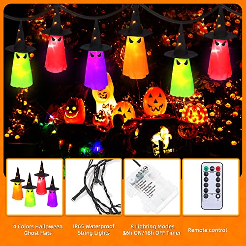 MAOYUE Halloween Decorations Outdoor 8Pcs Hanging Lighted Glowing Ghost Hat Decorations 36ft Halloween Lights String Battery Operated Halloween Decor with 8 Lighting Modes for Outdoor, Yard, Tree