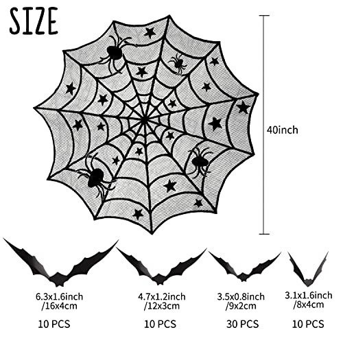Beeager 5 Pack Halloween Spider Decorations Sets -Halloween Fireplace Mantel Scarf & Round Table Cover & Lace Table Runner & Cobweb Lampshade & 60 pcs Scary 3D Bat for Halloween Party Decors