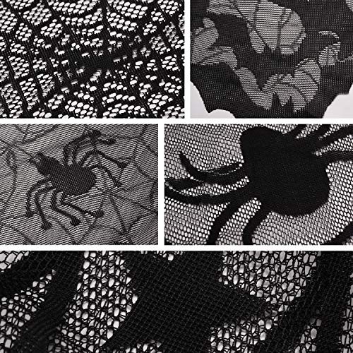 Beeager 5 Pack Halloween Spider Decorations Sets -Halloween Fireplace Mantel Scarf & Round Table Cover & Lace Table Runner & Cobweb Lampshade & 60 pcs Scary 3D Bat for Halloween Party Decors