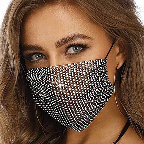 MsAnya Sparkly Rhinestone Mesh Face Mask Covering Halloween Glitter Face Masks Fashion Costume Crystal Party Nightclub for Women(insBLGR)
