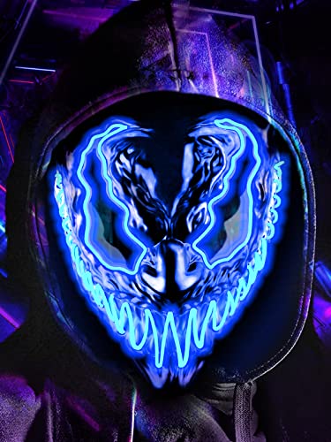 Quanquer Halloween Mask LED Light Up Mask for Adults Kids, Unique Neon Glow Masks with Dark and Evil Glowing Eyes, Conspicuous Menacingly Cool Halloween Costume for Men Women Cosplay-Blue