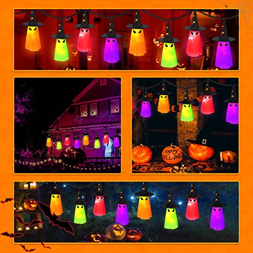 MAOYUE Halloween Decorations Outdoor 8Pcs Hanging Lighted Glowing Ghost Hat Decorations 36ft Halloween Lights String Battery Operated Halloween Decor with 8 Lighting Modes for Outdoor, Yard, Tree