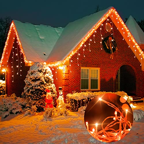 Twinkle Star 360 LED Christmas Icicle Lights Outdoor Dripping Ice Cycle Lights, 29.5ft 8 Modes Curtain Fairy Lights with 60 Drops, Indoor Xmas Holiday Wedding Party Decorations (Orange)
