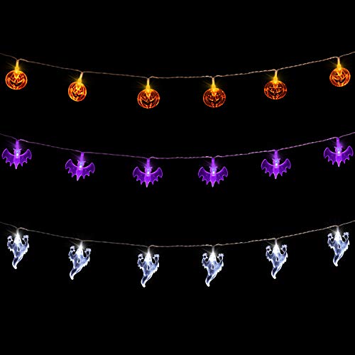 AOSTAR Set of 3 Halloween Lights (20 LEDs Orange Pumpkins, Purple Bats, White Ghosts), Battery Operated String Lights for Halloween Decorations Outdoor & Indoor