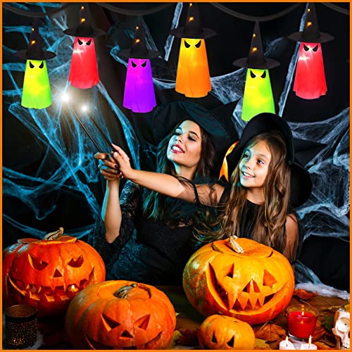 MAOYUE Halloween Decorations Outdoor 8Pcs Hanging Lighted Glowing Ghost Hat Decorations 36ft Halloween Lights String Battery Operated Halloween Decor with 8 Lighting Modes for Outdoor, Yard, Tree