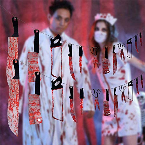 24PCS Halloween Bloody Weapons Garland, Scary Props Banner Garland Hanging Decor Horror Tools for Yard Indoor Outdoor Haunted House Vampire Zombie Party Supplies