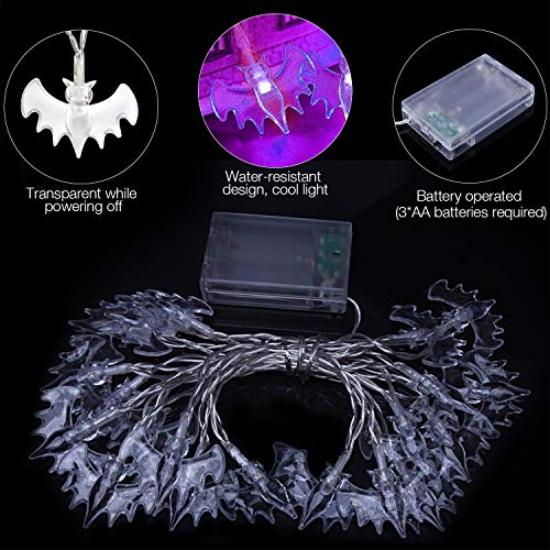 AOSTAR Set of 3 Halloween Lights (20 LEDs Orange Pumpkins, Purple Bats, White Ghosts), Battery Operated String Lights for Halloween Decorations Outdoor & Indoor