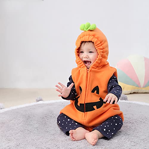 May's Infant Toddler Halloween Baby Kids Cute Pumpkin Costume Polar Fleece Comfy Jumpsuit Orange/Black