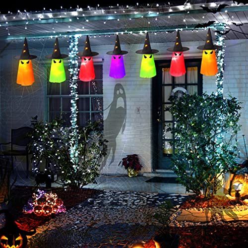 MAOYUE Halloween Decorations Outdoor 8Pcs Hanging Lighted Glowing Ghost Hat Decorations 36ft Halloween Lights String Battery Operated Halloween Decor with 8 Lighting Modes for Outdoor, Yard, Tree