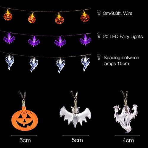 AOSTAR Set of 3 Halloween Lights (20 LEDs Orange Pumpkins, Purple Bats, White Ghosts), Battery Operated String Lights for Halloween Decorations Outdoor & Indoor