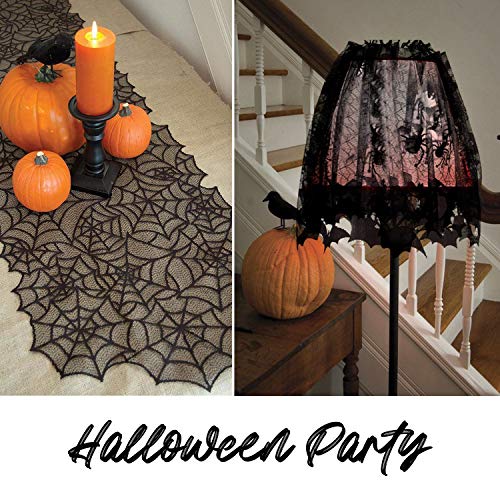 Beeager 5 Pack Halloween Spider Decorations Sets -Halloween Fireplace Mantel Scarf & Round Table Cover & Lace Table Runner & Cobweb Lampshade & 60 pcs Scary 3D Bat for Halloween Party Decors