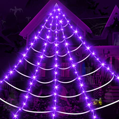 [ Prelit & Avoid Tangled Mess ] 23*18Ft 180LED Giant Halloween Spider Web Net Lights Decor Timer Purple Lights Triangular Web Waterproof Battery Box Halloween Decoration Indoor Outdoor Home Party Yard