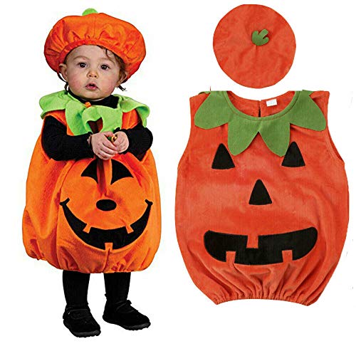 BeQeuewll Infant Baby Boys Girls Halloween Pumpkin Costume Hooded Romper Jumpsuit Outfits Dress Up Set (6-12 Months, Baby Halloween Costumes Romper)
