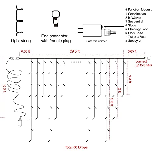 Twinkle Star 360 LED Christmas Icicle Lights Outdoor Dripping Ice Cycle Lights, 29.5ft 8 Modes Curtain Fairy Lights with 60 Drops, Indoor Xmas Holiday Wedding Party Decorations (Orange)