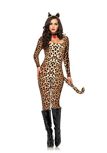 Leg Avenue 3 Piece Cougar Catsuit Costume Set-Brushed Lycra Bodysuit with Ears and Collar for Women, Leopard, Small/Medium