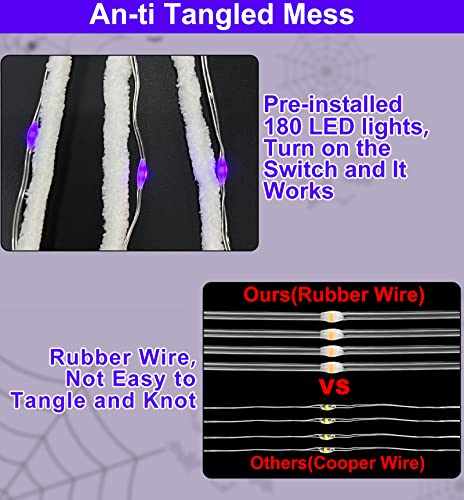 [ Prelit & Avoid Tangled Mess ] 23*18Ft 180LED Giant Halloween Spider Web Net Lights Decor Timer Purple Lights Triangular Web Waterproof Battery Box Halloween Decoration Indoor Outdoor Home Party Yard