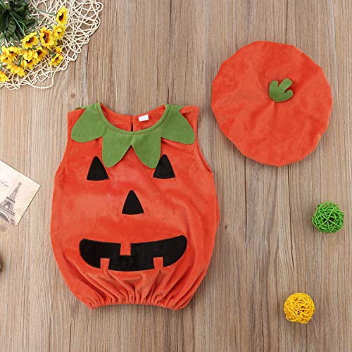 BeQeuewll Infant Baby Boys Girls Halloween Pumpkin Costume Hooded Romper Jumpsuit Outfits Dress Up Set (6-12 Months, Baby Halloween Costumes Romper)