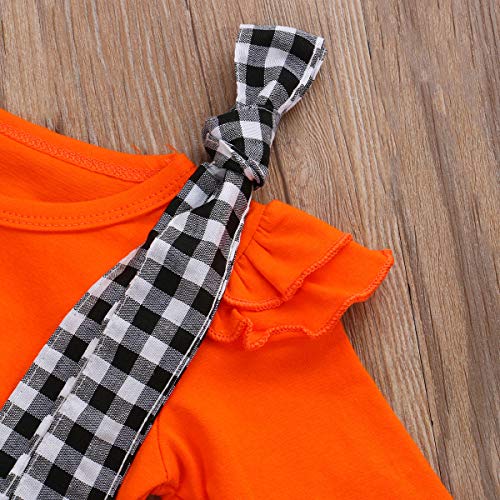 Toddler Baby Girl Halloween Clothes Solid Plain Long Sleeve T-Shirt Tops Pumpkin Plaid Suspender Skirt Headband Overall Outfit 2PCS Set (Orange, 18-24 Months)
