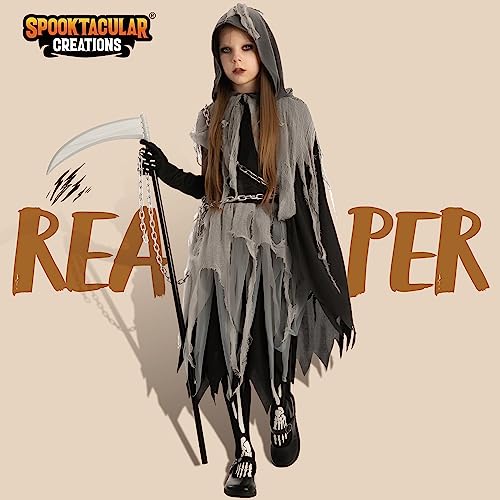 Spooktacular Creations Girl Grim Reaper Costume with Gloves and Tights Glow in the Dark, Scary Halloween Costume for Dress Up Party-L(10-12yr)