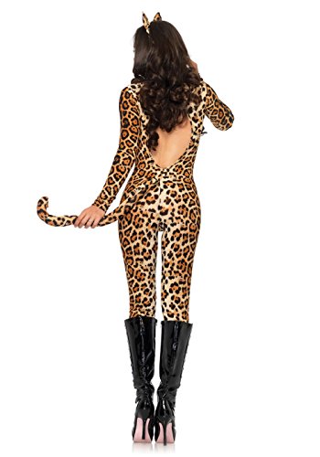 Leg Avenue 3 Piece Cougar Catsuit Costume Set-Brushed Lycra Bodysuit with Ears and Collar for Women, Leopard, Small/Medium