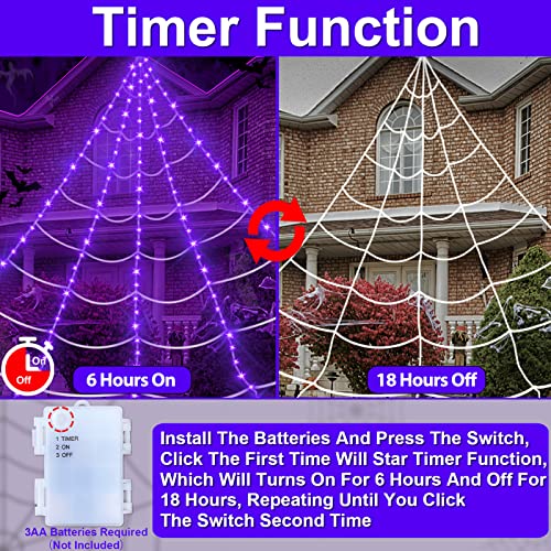 [ Prelit & Avoid Tangled Mess ] 23*18Ft 180LED Giant Halloween Spider Web Net Lights Decor Timer Purple Lights Triangular Web Waterproof Battery Box Halloween Decoration Indoor Outdoor Home Party Yard