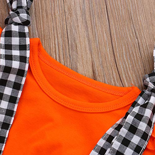 Toddler Baby Girl Halloween Clothes Solid Plain Long Sleeve T-Shirt Tops Pumpkin Plaid Suspender Skirt Headband Overall Outfit 2PCS Set (Orange, 18-24 Months)