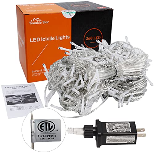 Twinkle Star 360 LED Christmas Icicle Lights Outdoor Dripping Ice Cycle Lights, 29.5ft 8 Modes Curtain Fairy Lights with 60 Drops, Indoor Xmas Holiday Wedding Party Decorations (Orange)