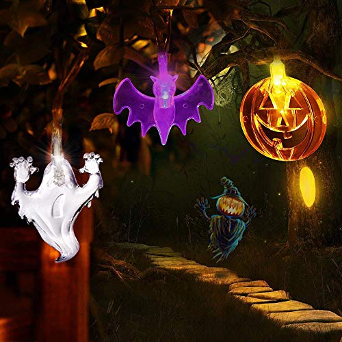 AOSTAR Set of 3 Halloween Lights (20 LEDs Orange Pumpkins, Purple Bats, White Ghosts), Battery Operated String Lights for Halloween Decorations Outdoor & Indoor