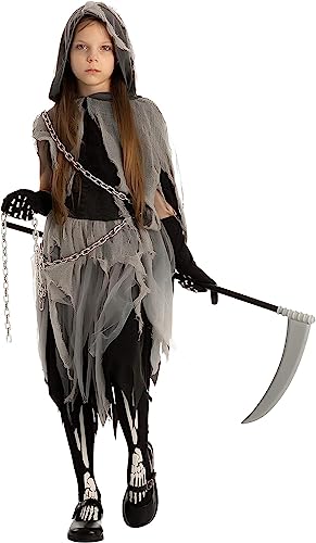Spooktacular Creations Girl Grim Reaper Costume with Gloves and Tights Glow in the Dark, Scary Halloween Costume for Dress Up Party-L(10-12yr)