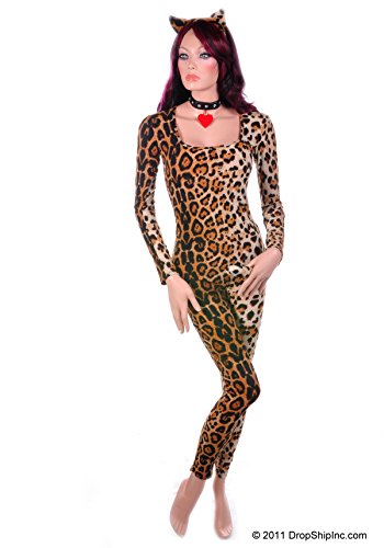Leg Avenue 3 Piece Cougar Catsuit Costume Set-Brushed Lycra Bodysuit with Ears and Collar for Women, Leopard, Small/Medium